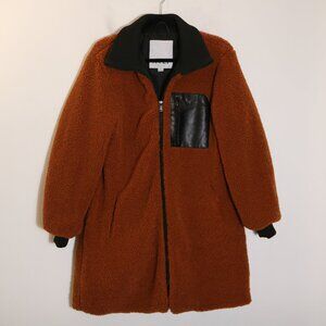 NVLT Anthropologie Longline Sherpa Jacket Cognac Womens Medium Brown Zip Up